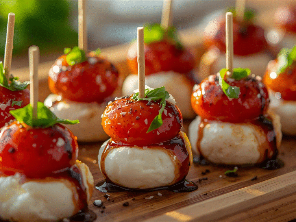 Feature v2 — Alt: Party Small Bites of Mini Caprese Bites in rows with basil and mozzarella