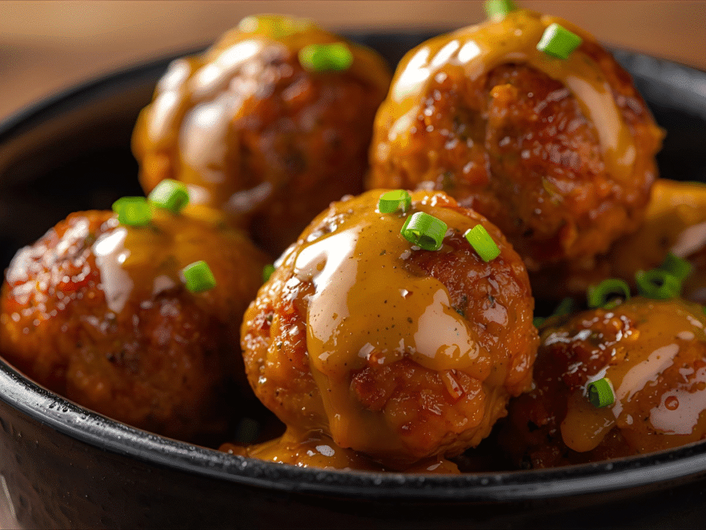 Glossy Korean BBQ Meatballs arranged on matte black plate with mayo dip.​