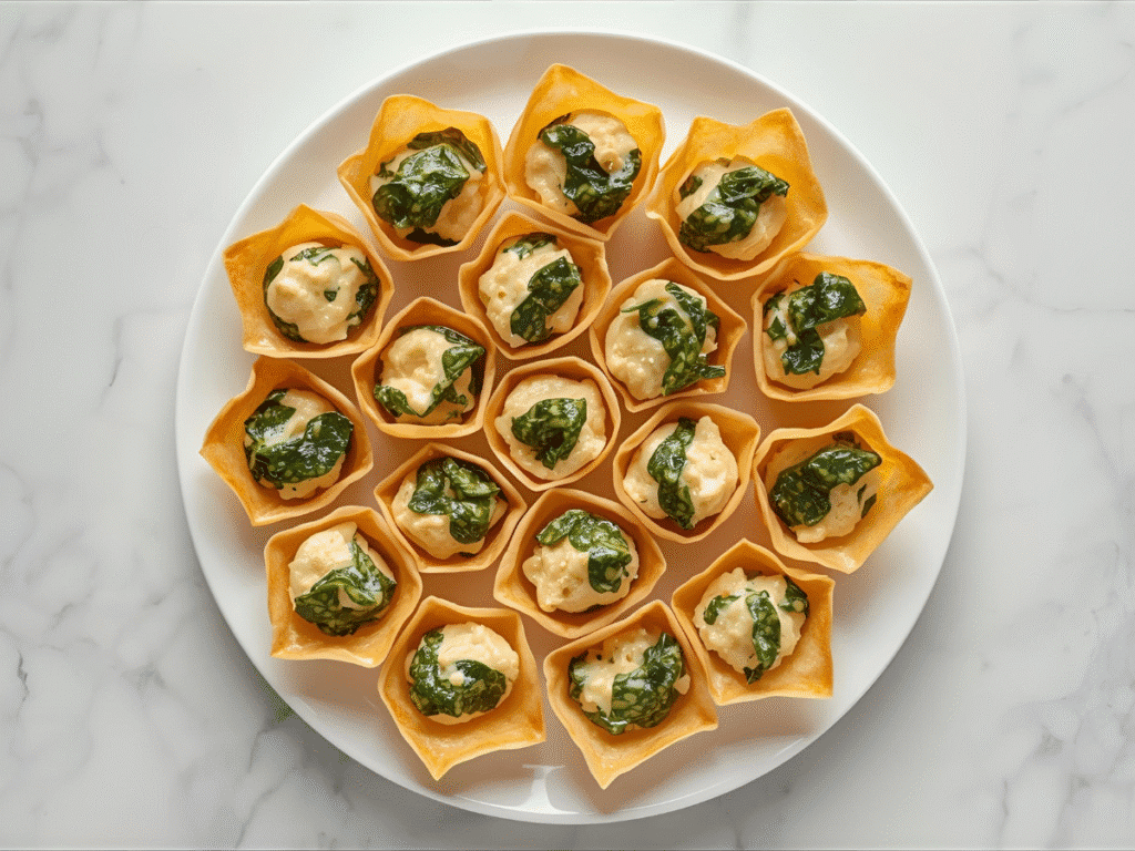 Spinach and Artichoke Wonton Cups: Overhead tray of Spinach & Artichoke Wonton Cups with Parmesan