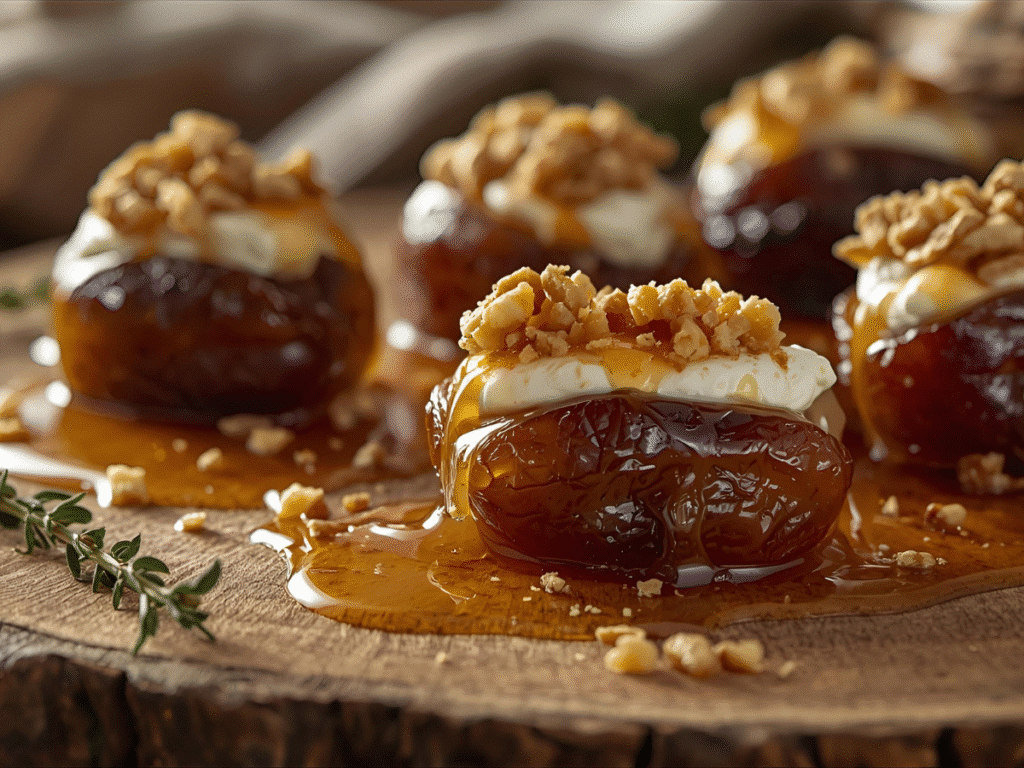 Sweet Medjool dates filled with goat cheese and walnut pieces, finished with flaky sea salt and honey. 