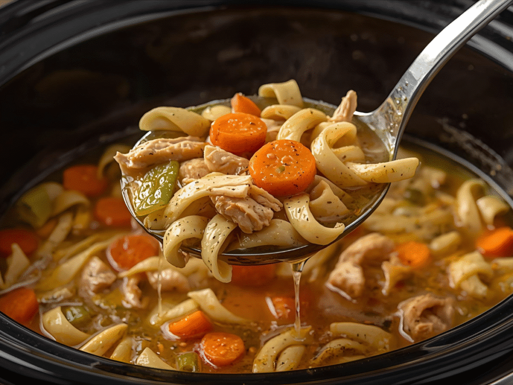 Hearty slow cooker chicken noodle soup with wide egg noodles and parsley