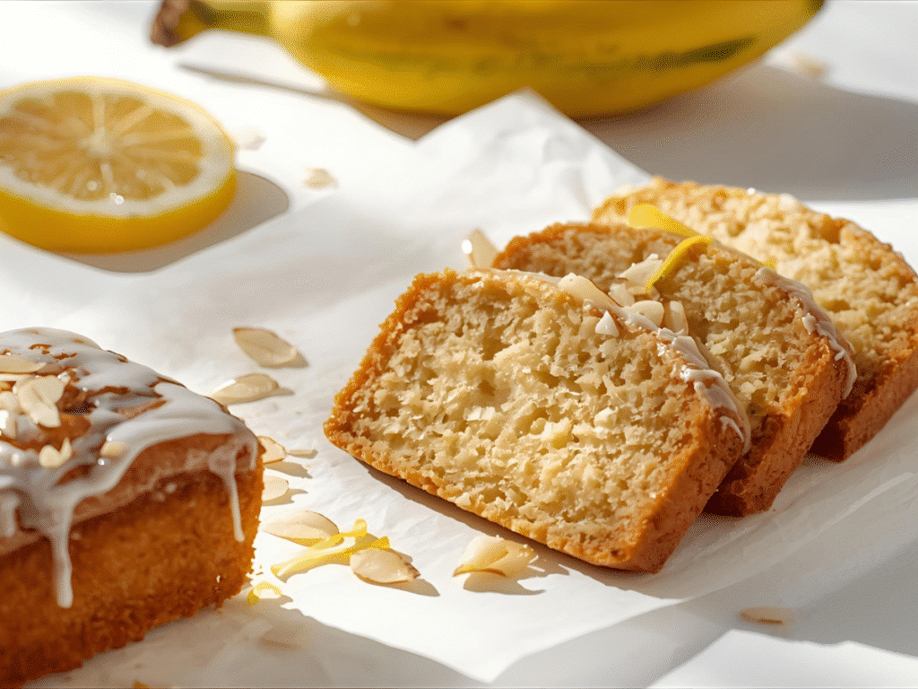 Slice of lemon banana bread showing tender crumb and glaze.