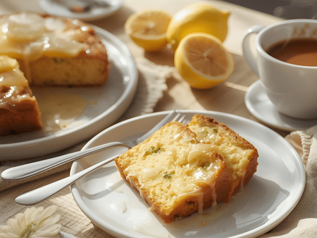 Zesty lemon zucchini quick bread with glossy glaze and soft crumb, sliced for serving​