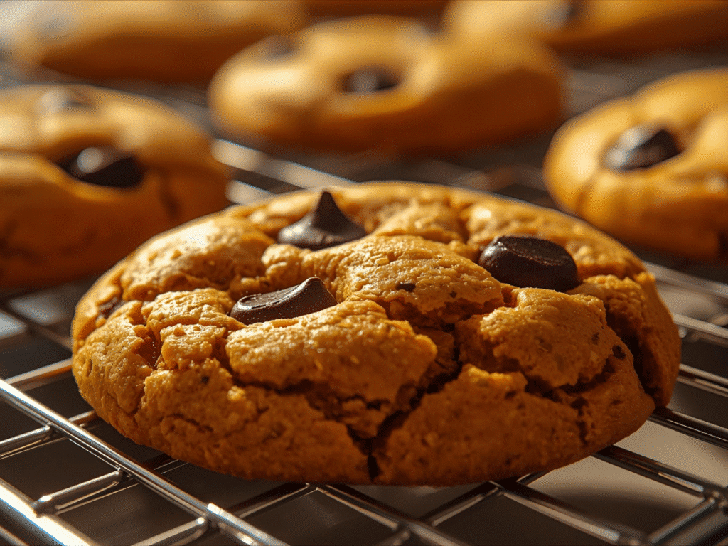 Cooling‑rack Healthy Pumpkin Chocolate Chip Cookies in a neat grid pattern.