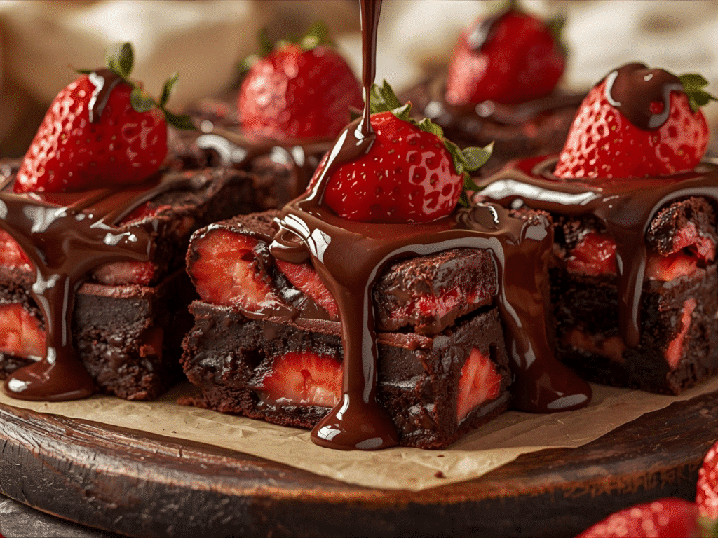 Overhead view of decadent chocolate covered strawberry brownies fudgy chocolate brownies with fresh strawberries and ganache on a white ceramic plate, garnished with mint and dusted with powdered sugar. Filename: chocolate-brownies-strawberries-ceramic.jpg Caption: Fudgy chocolate strawberry brownies garnished with fresh mint and powdered sugar on a white plate. Description: Top-down shot featuring moist chocolate brownies topped with fresh strawberries and glossy ganache, accented with a light dusting of powdered sugar and fresh mint leaves on a white ceramic plate.