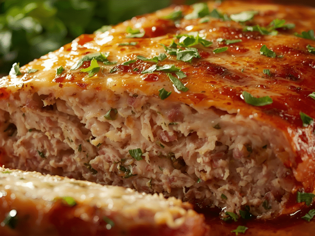 Close-up of Garlic Parmesan Chicken Meatloaf slice
