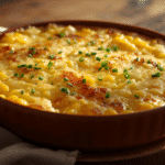 Cheesy corn casserole slice revealing sweet corn kernels and green chilies beneath a golden crust.