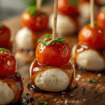 Tiny Bites Appetizers featuring Mini Caprese Bites with flaky salt and pepper;