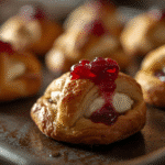 Overhead sheet pan of cranberry cream cheese crescent bites on parchment