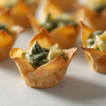 Close‑up Spinach & Artichoke Wonton Cups with garlic specks