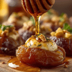 Alt: Overhead platter of goat cheese stuffed dates, walnut crumbs, rosemary and honey dipper on linen.