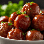Honey BBQ Crockpot Meatballs close‑up showing sauce sheen and parsley.​