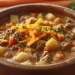 Slow cooker cheeseburger soup with Yukon golds and beef broth richness.