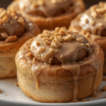 Gooey Biscoff cinnamon rolls sliced and ready to serve.