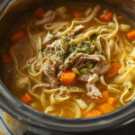 Slow cooker chicken noodle soup in white bowl with carrots, celery, and herbs