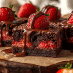 Alt Text: Chocolate strawberry brownies displayed in a black tray on marble countertop, each square topped with fresh strawberries and rich ganache, styled with small flowers at edges.