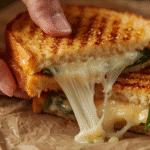 Alt Text: Top-down view of a gourmet pesto veggie grilled cheese on a marble counter surrounded by mediterranean diet ingredients.