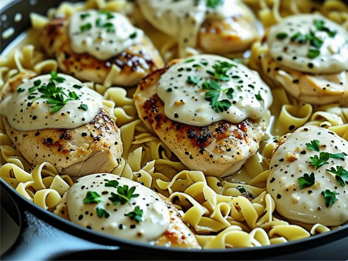 A overhead shot of a stainless steel skillet filled with One Pot Chicken with Buttered Noodles garnished with fresh parsley.
