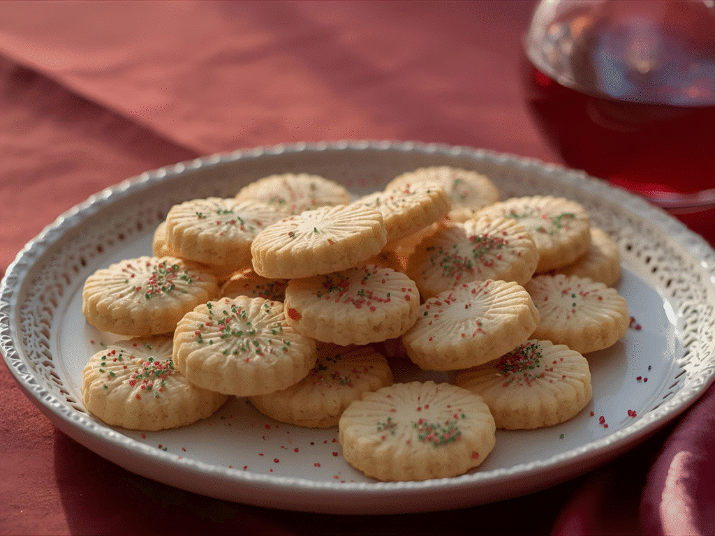 Three shapes of Old Fashioned Spritz Cookies with sprinkles.