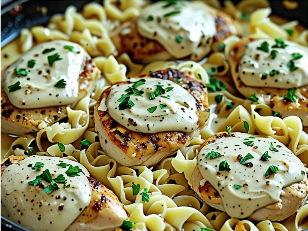Close-up of creamy chicken and noodles with a rich garlic butter sauce and parmesan cheese.