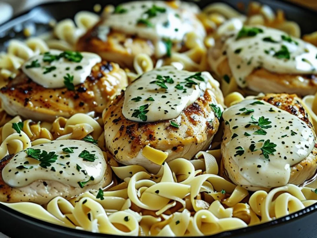 A family-style serving of One Pot Chicken with Buttered Noodles, showing the colorful contrast of golden chicken and green herbs.