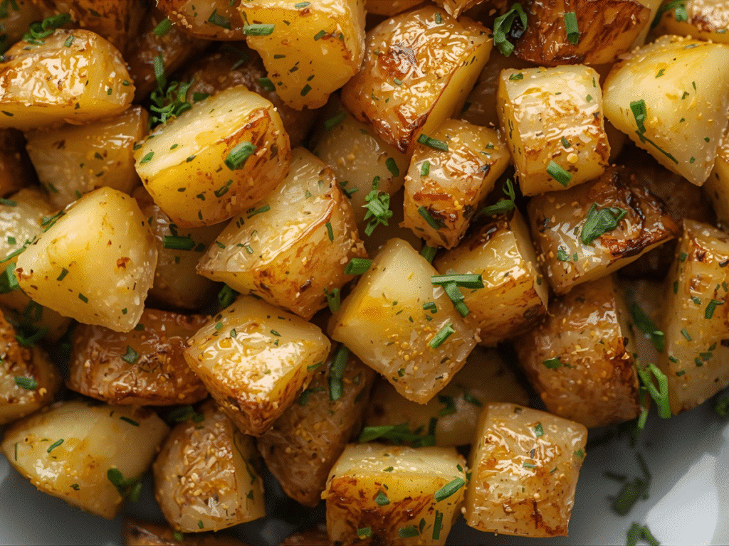 Alt Text: Roast Potatoes In The Oven on a metal tray, sizzling with oil and rosemary.
