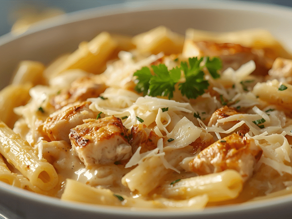 1: Alt="Creamy Chicken Rigatoni Alfredo in a skillet",