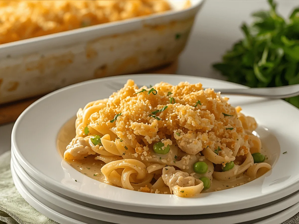 Steaming Tuna Noodle Casserole in a ceramic dish.