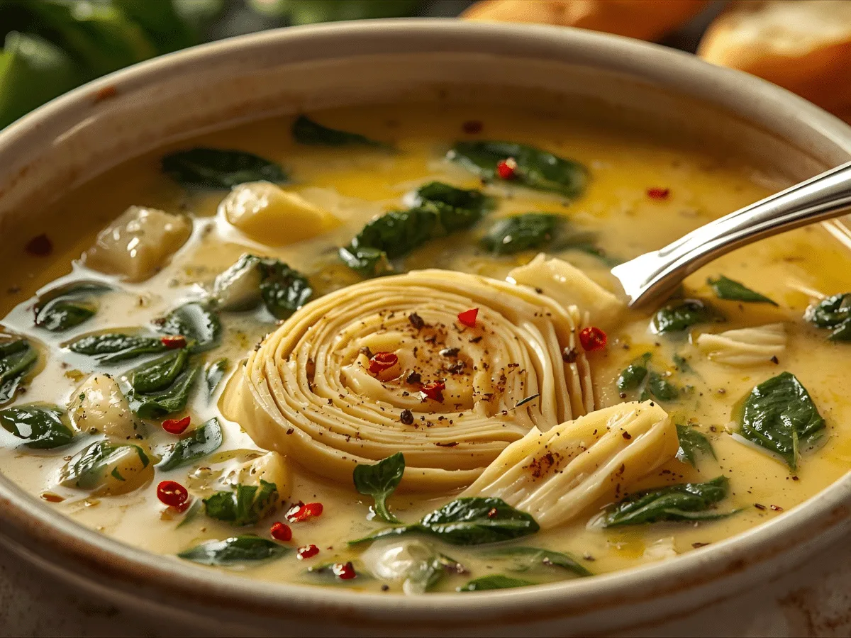 Alt Text: "Creamy Tuscan Artichoke Soup garnished with herbs and lemon zest in a rustic bowl.