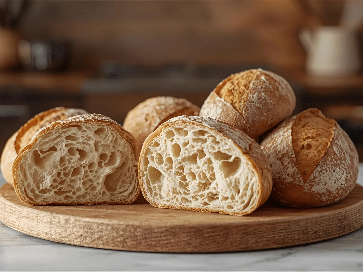 Rustic homemade ciabatta bread with crispy crust on baking sheet
