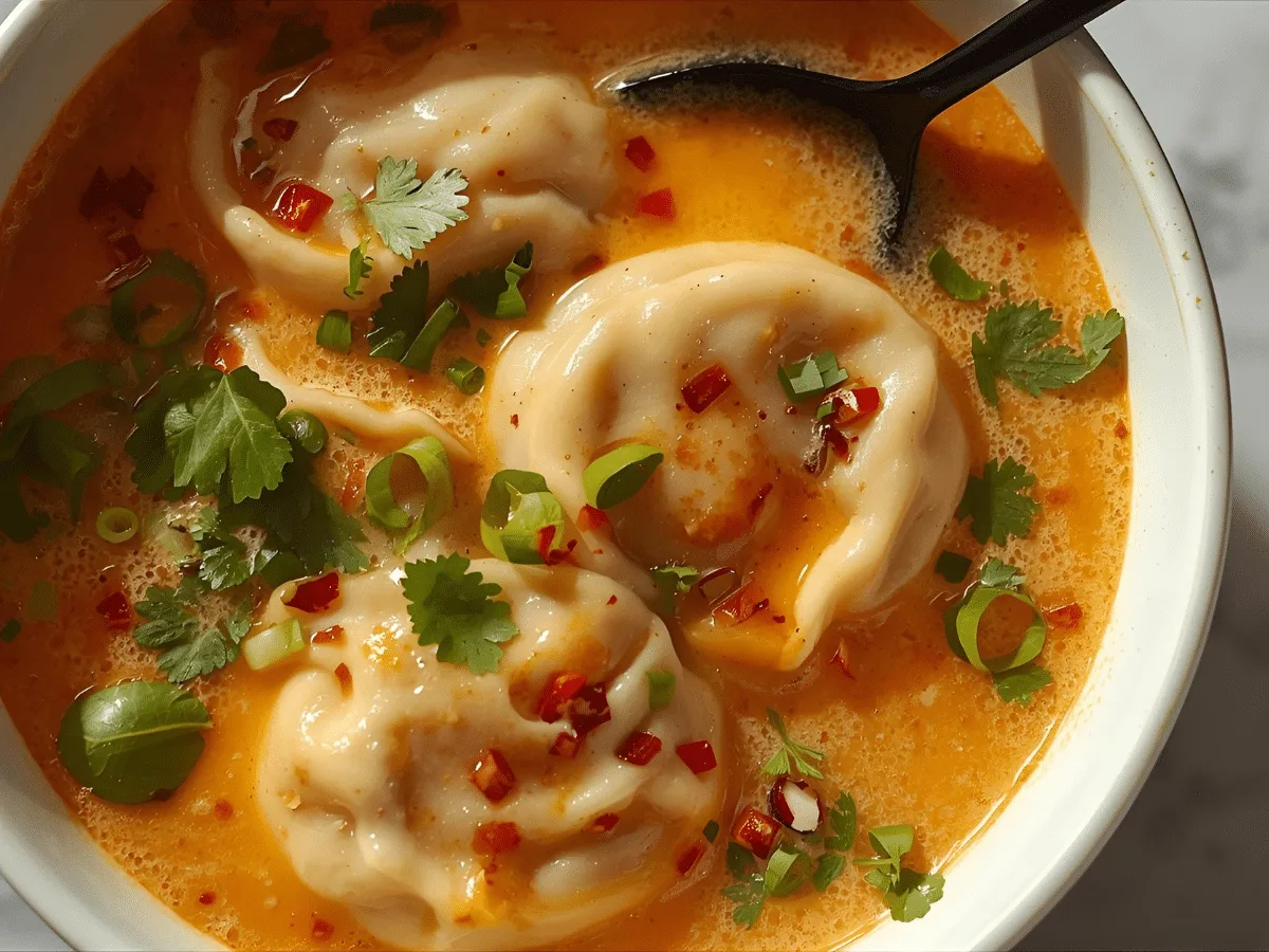 Thai Coconut Potsticker Soup bowl with lime and cilantro.