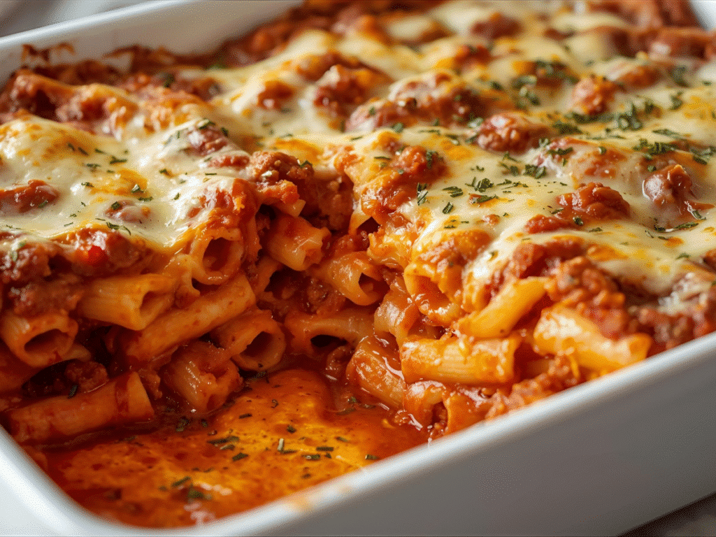 Alt Text: Creamy baked ziti recipe casserole with ground beef and melted cheese.