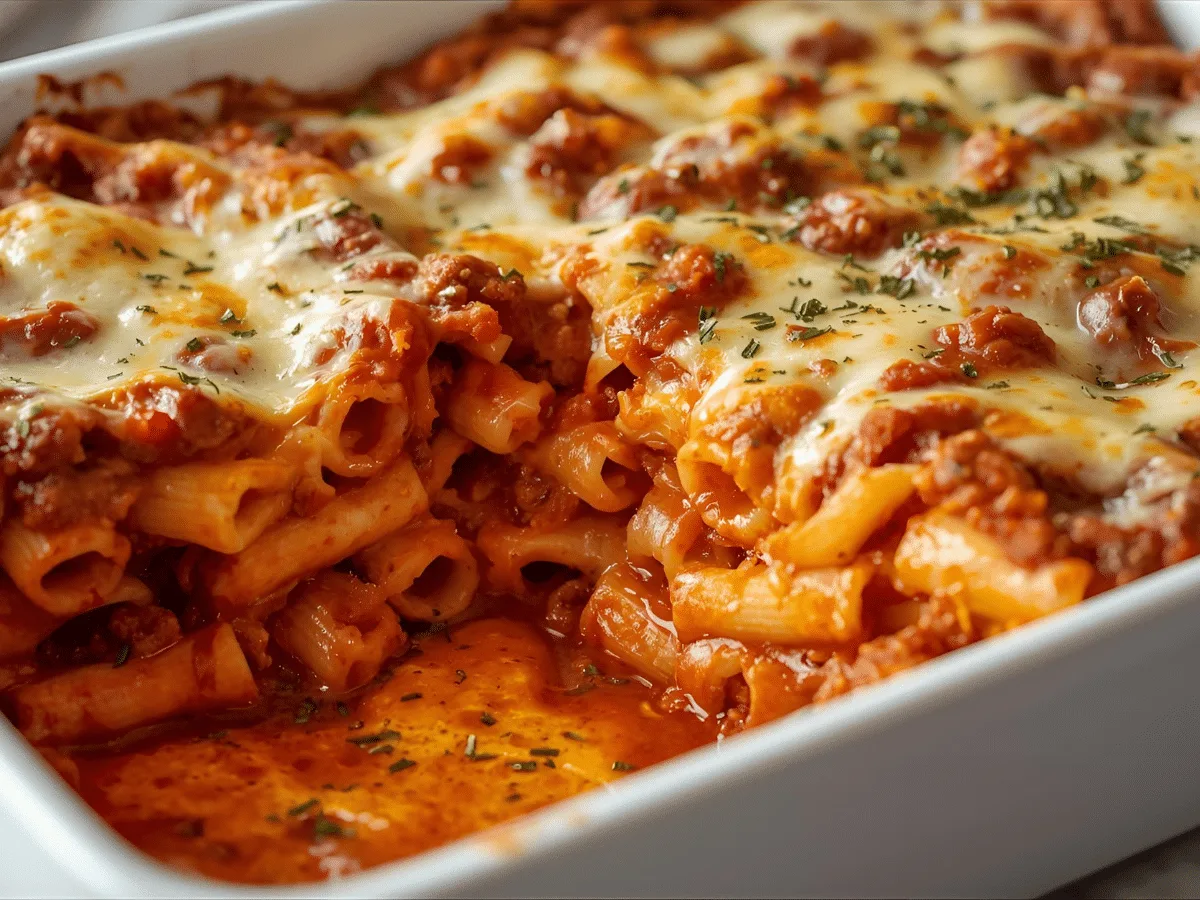 Alt Text: Creamy baked ziti recipe casserole with ground beef and melted cheese.