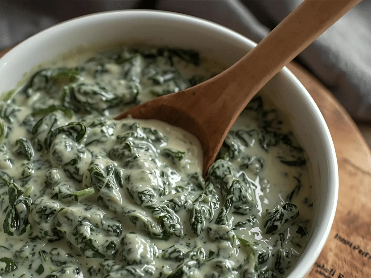 Bowl of creamy steakhouse style spinach garnished with nutmeg.