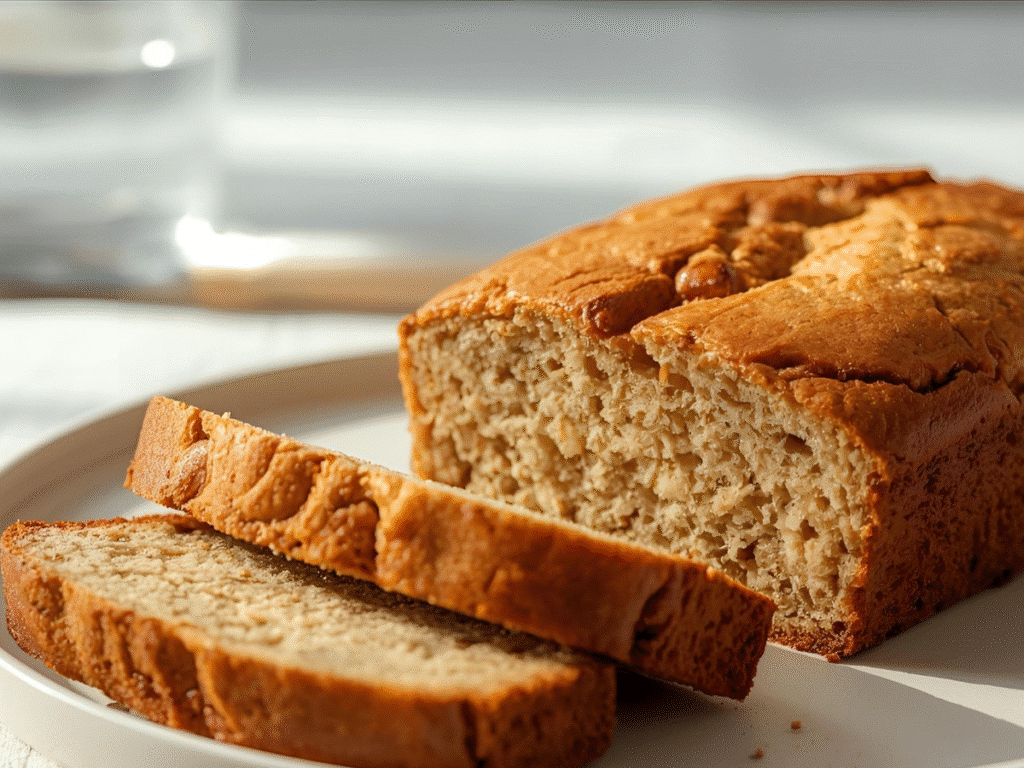 Fluffy High Protein Banana Bread slice on a white plate, topped with Greek Yogurt and a sprinkle of cinnamon.