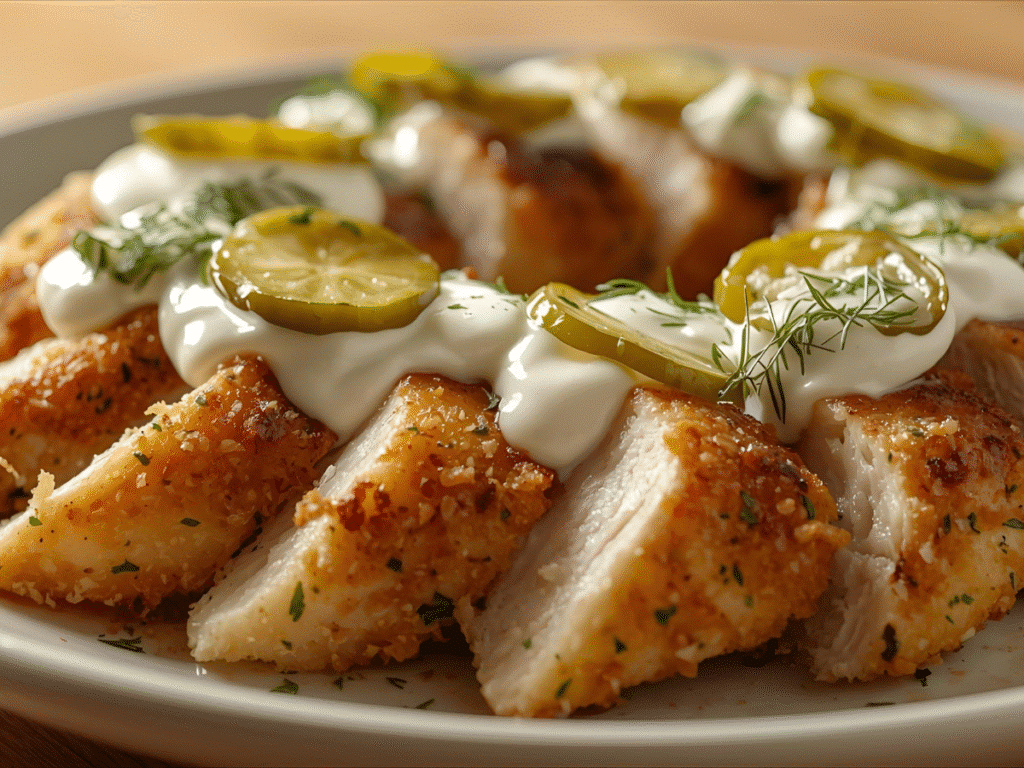 Crispy Dill Pickle Parmesan Chicken on a rustic wooden table.