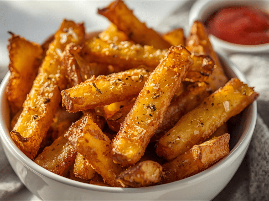 Crispy golden air fryer fries in a basket.