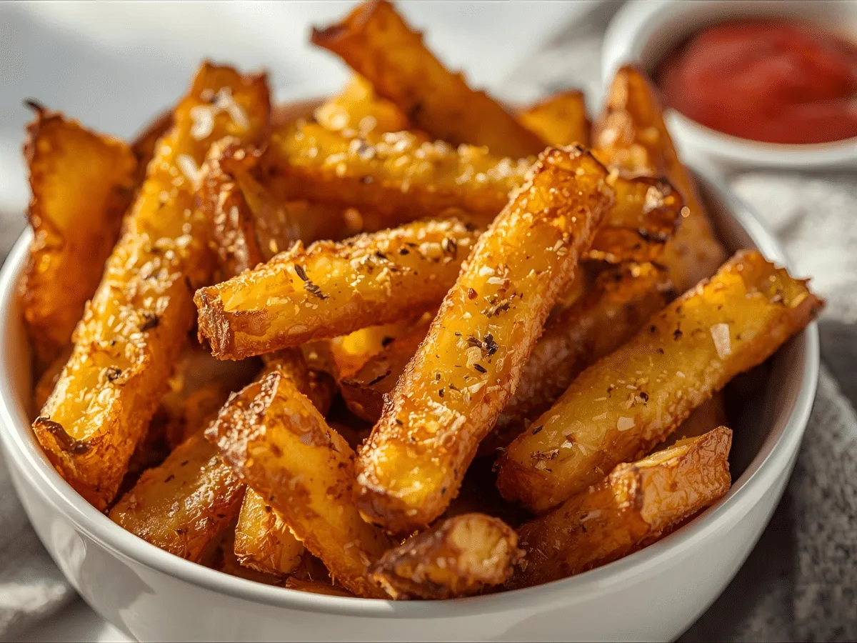 Crispy golden air fryer fries in a basket.