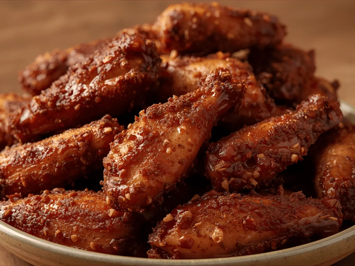 Close-up of crispy Air Fryer Spicy Dry Rub Wings served with a cool Ranch Dipping Sauce on a rustic platter, showcasing the perfectly seasoned skin.