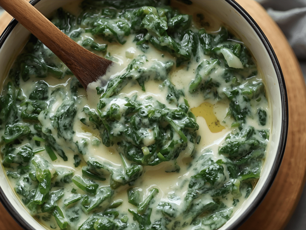 A close-up shot of creamed spinach in a cast-iron skillet, showcasing a velvety Creamy Sauce and Steakhouse Creamed Spinach texture.