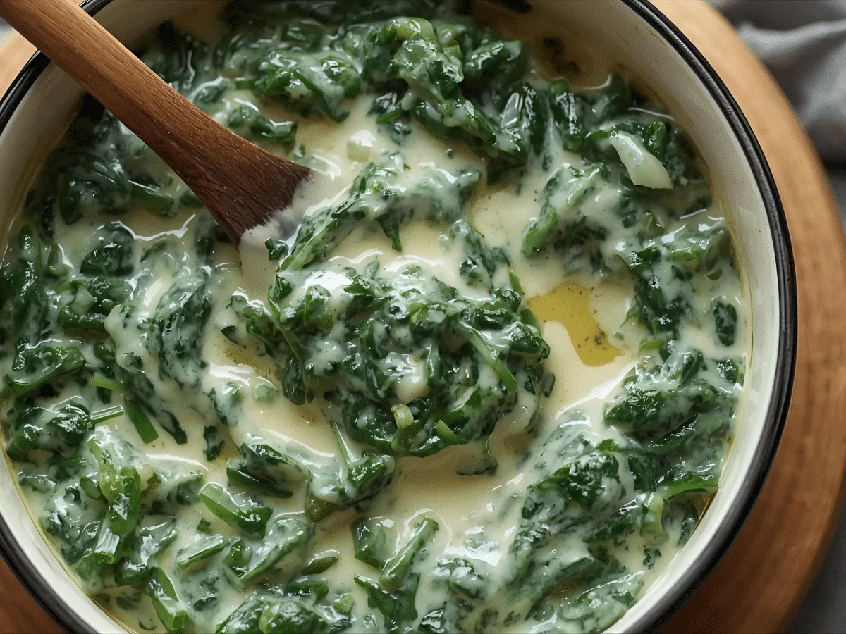 A close-up shot of creamed spinach in a cast-iron skillet, showcasing a velvety Creamy Sauce and Steakhouse Creamed Spinach texture.