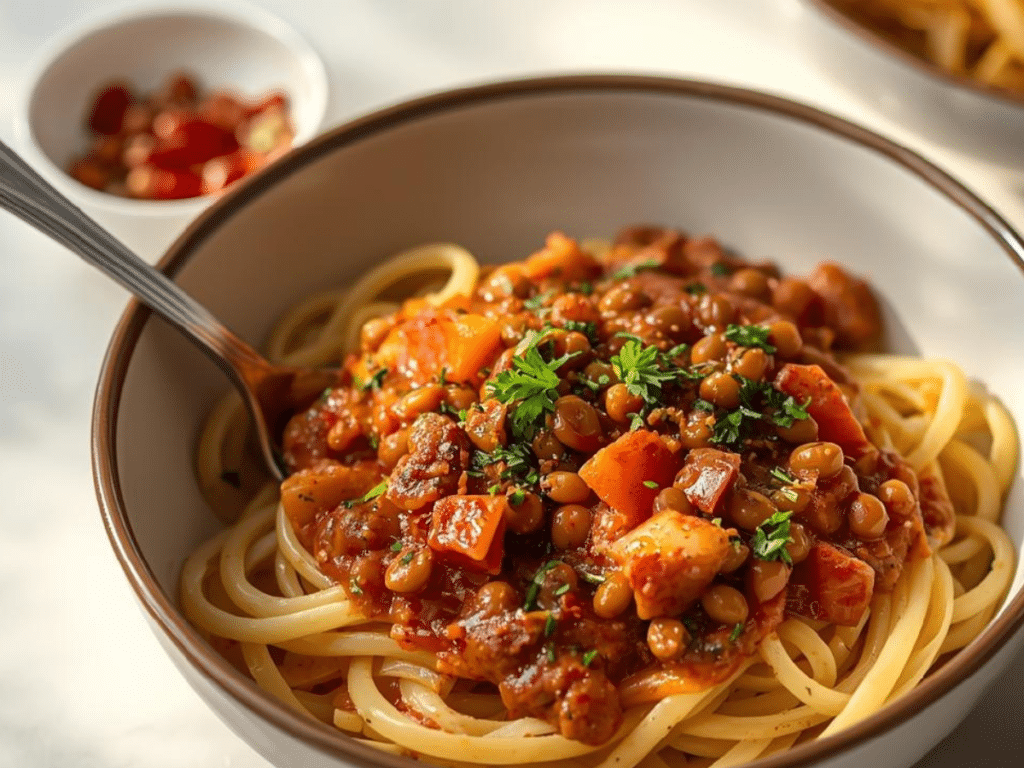 Alt Text: A close-up shot of hearty Vegan Lentil Bolognese served over al dente spaghetti, topped with fresh herbs and plant-based parmesan.