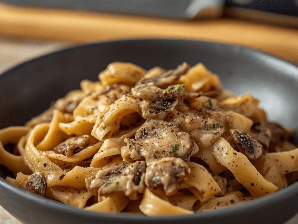 A close-up shot of creamy Gorgonzola Truffle Cream Sauce with Mushroom served over al dente tagliatelle pasta with fresh herbs.