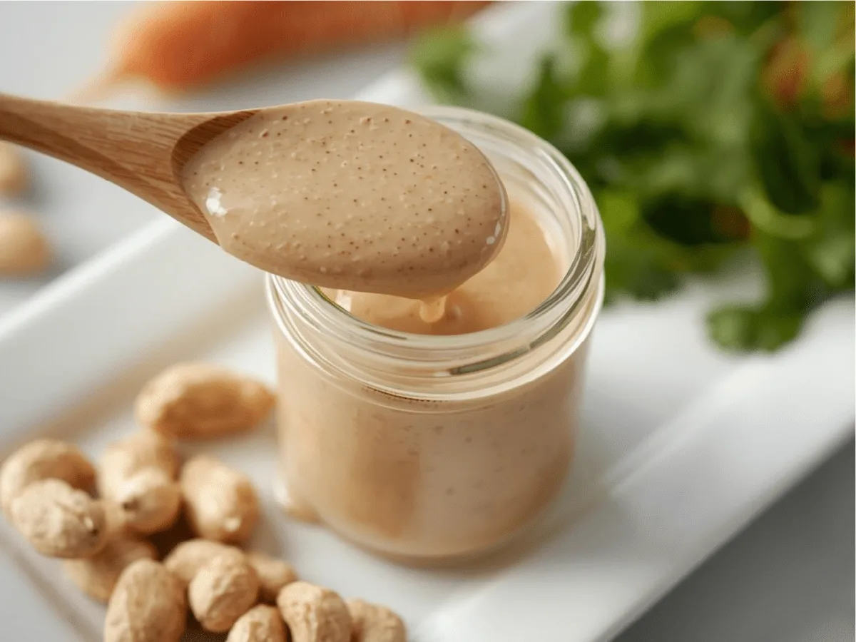 Alt Text: Creamy Thai style peanut sauce in a ceramic bowl for healthy dipping.