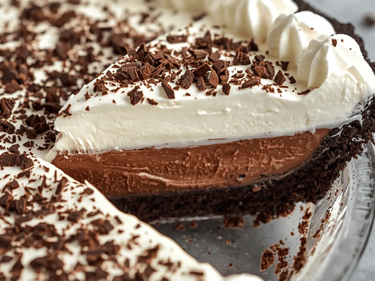 A close-up shot of a slice of homemade easy chocolate cream pie featuring a thick dark chocolate custard filling and a tall layer of fresh whipped cream.