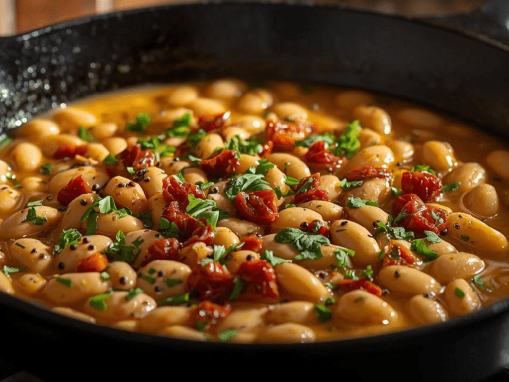 Creamy Tuscan Marry Me Butter Beans in skillet
