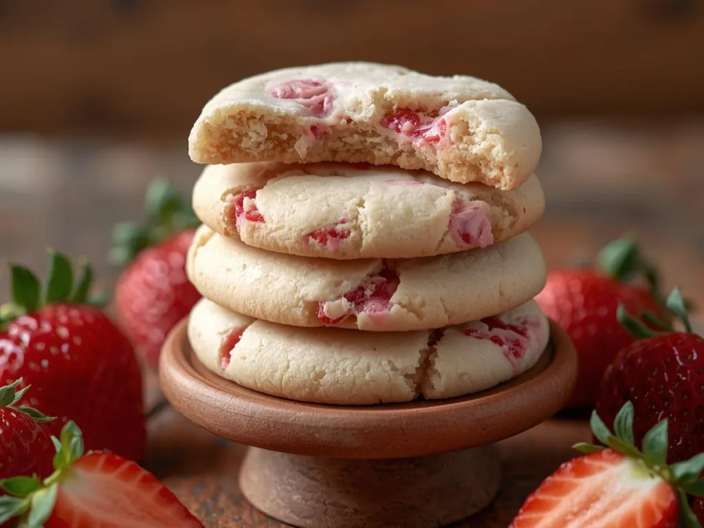 Alt Text: Close-up of Easy Strawberry Cheesecake Cookies showing the soft texture and the rich Strawberry Jam swirl in the center of the Cheesecake Cookies.