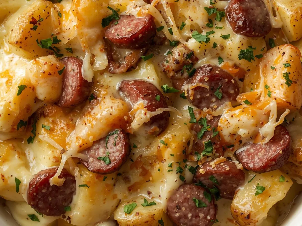 Golden baked Cheesy Ranch Potatoes and Smoked Sausage casserole with melted cheddar cheese and baby potatoes.