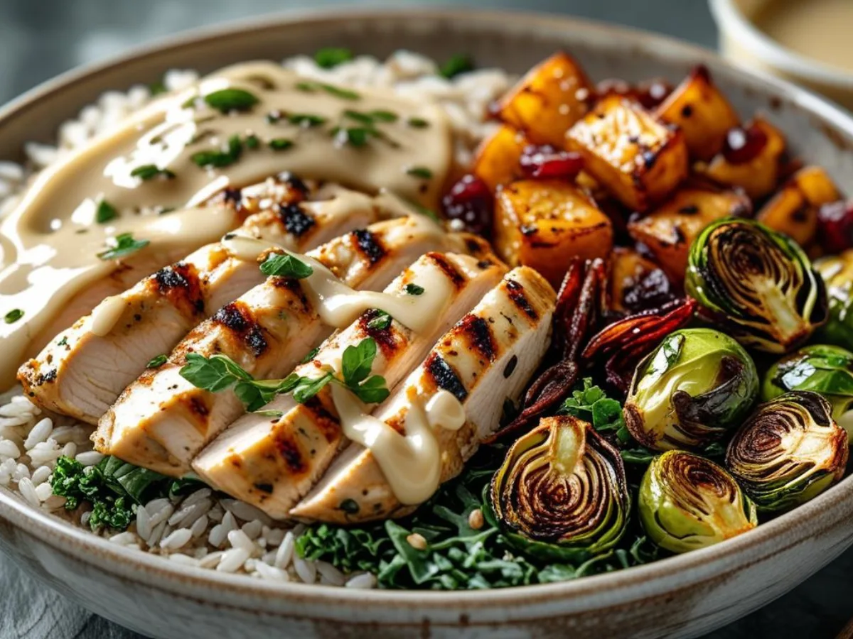 Maple Dijon Chicken Bowl Recipe with roasted sweet potatoes and fresh greens.