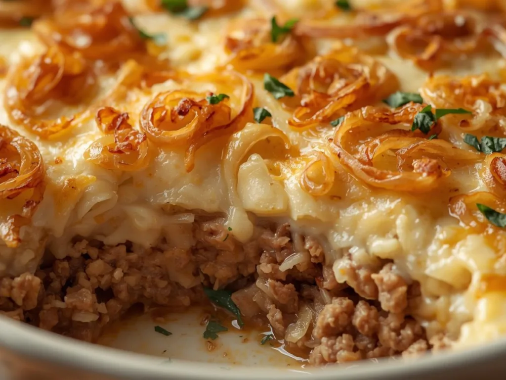 Golden French Onion Beef Casserole topped with crispy onions and melted cheese.